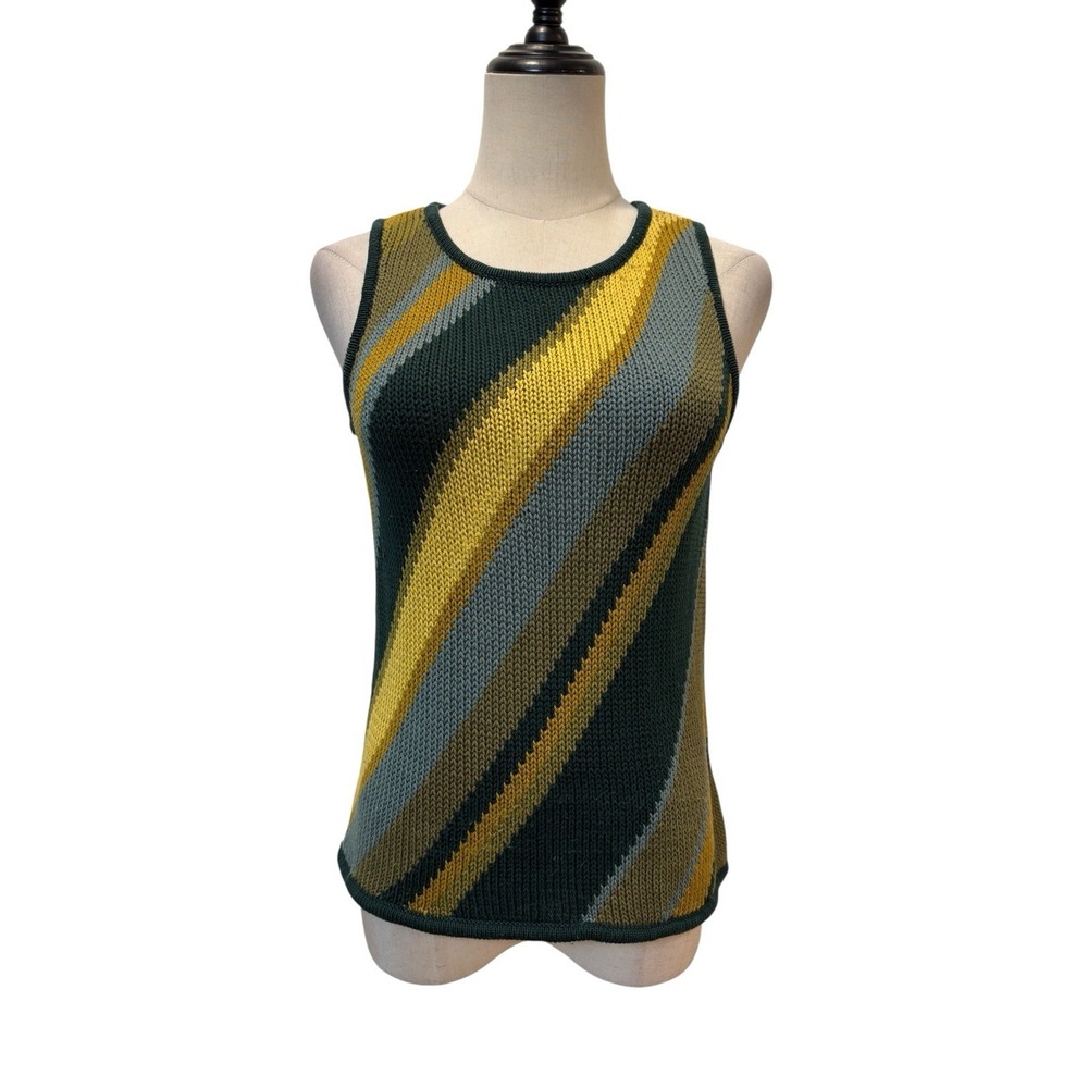 Vtg Jones New York Sweater Vest Cotton‎ Striped Green Gold Sz S 90s Minimalist